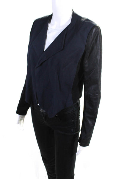 Theory Women's Open Front Leather Sleeves Crop Blazer Blue Size 4