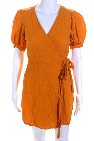 Zara Womens Linen V-Neck Balloon Sleeve Mini Wrap Dress Orange Size S Lot 2
