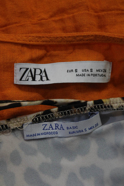 Zara Womens Linen V-Neck Balloon Sleeve Mini Wrap Dress Orange Size S Lot 2