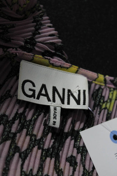 Ganni Women's V-Neck Short Sleeves Accordion Multicolor Blouse Size 38