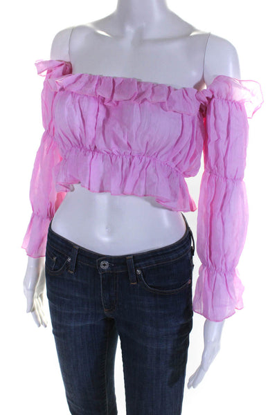 Donale Women's Off Shoulder Ruffle Trim Cropped Blouse Pink Size S