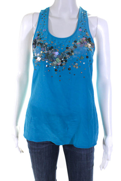 Trina Turk Womens Teal Silk Sequins Scoop Neck Sleeveless Blouse Top Size S