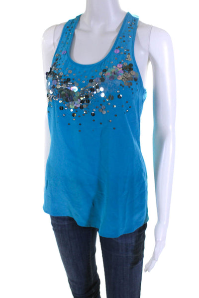 Trina Turk Womens Teal Silk Sequins Scoop Neck Sleeveless Blouse Top Size S