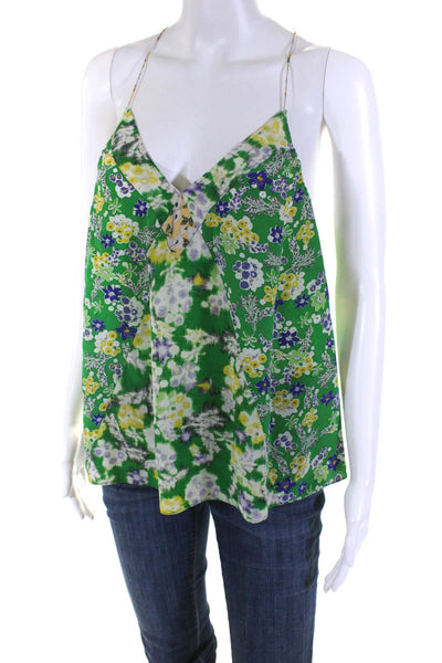 Rebecca Taylor Womens Green Silk Floral V-Neck Sleeveless Blouse Top Size 4
