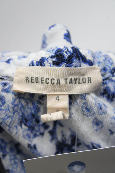 Rebecca Taylor Womens V Neck Floral Ruffle Sleeveless Top Blouse Blue White Sz 4