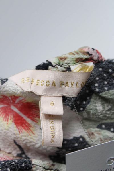 Rebecca Taylor Womens Tie Neck Hibiscus Short Sleeve Top Blouse Black Pink Sz 6