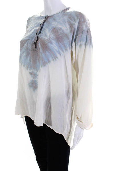 PJK Patterson J Kincaid Womens Silk Tie-Dye Henley Blouse Top White Blue Size XS