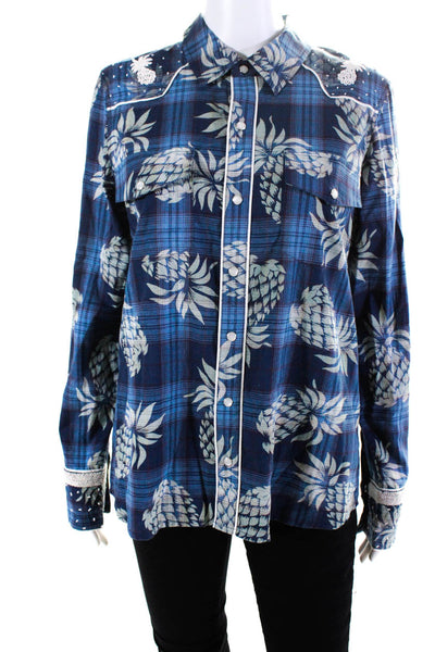 Le Superbe Women's Long Sleeve Collared Pineapple Button Down Blue Size 8
