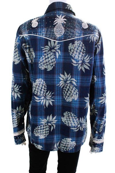 Le Superbe Women's Long Sleeve Collared Pineapple Button Down Blue Size 8
