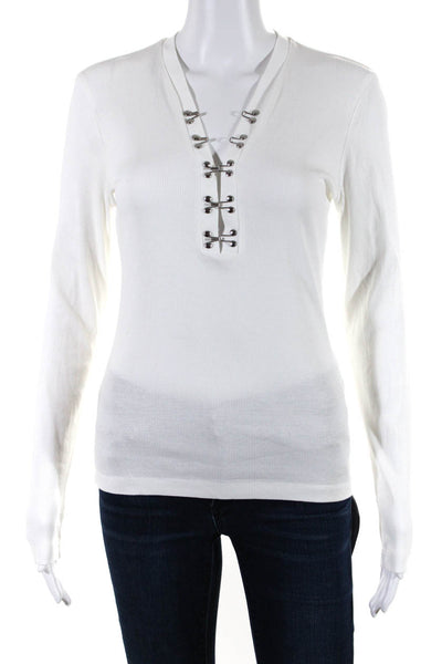Dion Lee Womens Long Sleeve Ribbed V Neck Tee Shirt White Cotton Size 4