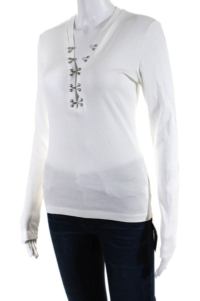 Dion Lee Womens Long Sleeve Ribbed V Neck Tee Shirt White Cotton Size 4