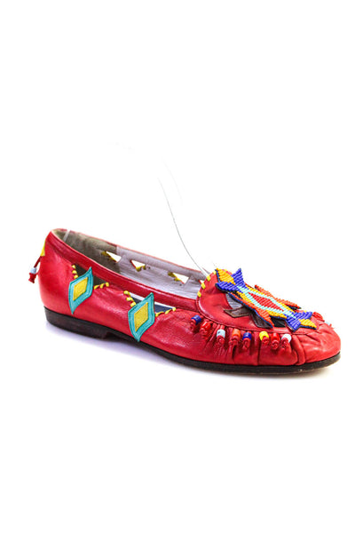 Susan Bennis Warren Edwards Womens Beaded Ikat Loafers Red Leather Size 6.5