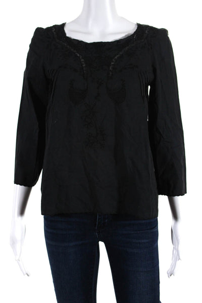 Athe Womens Embroidered Long Sleeve Blouse Black Cotton Size EUR 34