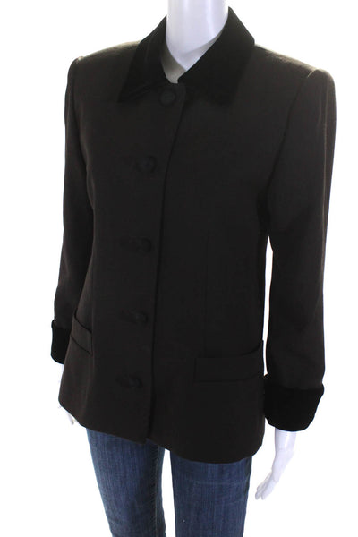 Dana Buchman Womens Button Front Velvet Trim Collared Jacket Brown Wool Size 10