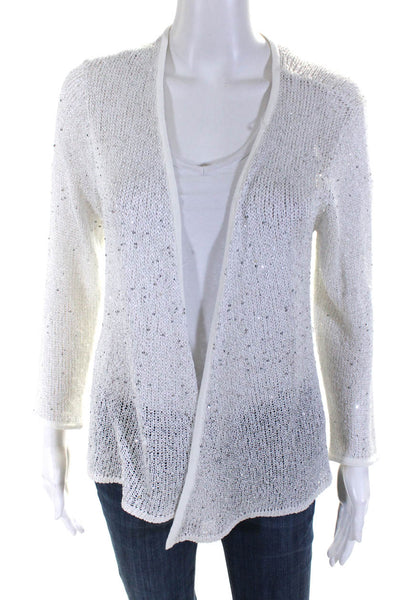 Ellen Tracy Womens Metallic Open Knit Sequin Cardigan Sweater White Size Large