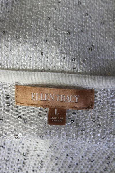 Ellen Tracy Womens Metallic Open Knit Sequin Cardigan Sweater White Size Large