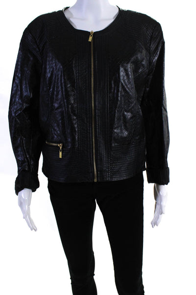 Adrienne Vittadini Womens Front Zip Quilted Faux Leather Jacket Black Size XL