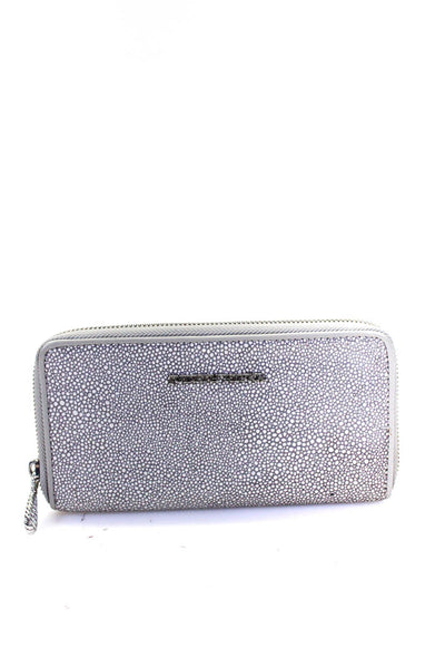 Judith Ripka Womens Leather Spotted Print Zip Around Wallet Gray White 7.5in