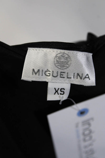 Miguelina Womens Lace Trim Drawstring Front V Neck Satin Blouse Black Size XS