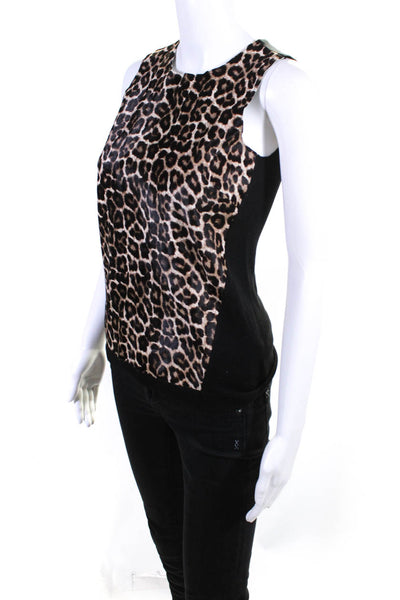 Intermix Womens Leopard Print Pony Hair Knit Tank Top Blouse Brown Black Petite