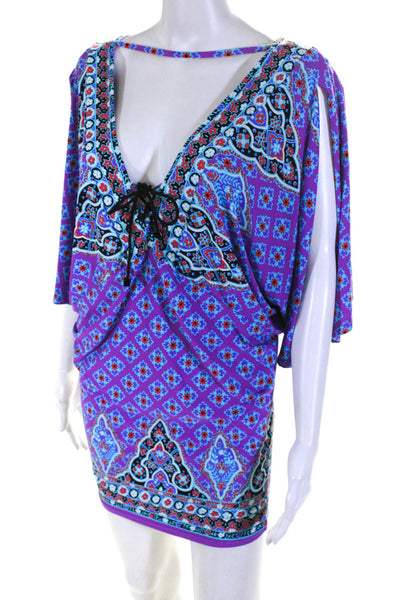 Nanette Lepore Womens Floral Print Open Back Tunic Cover Up Purple Size XS