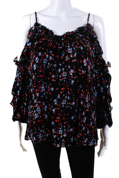 Parker Womens 100% Silk Floral Cold Shoulder 3/4 Sleeved Top Black Red Size S
