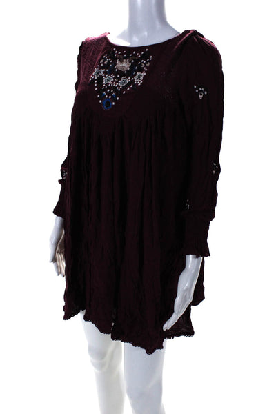 Free People Womens Maroon Floral Embroidered Long Sleeve A-Line Dress Size XS