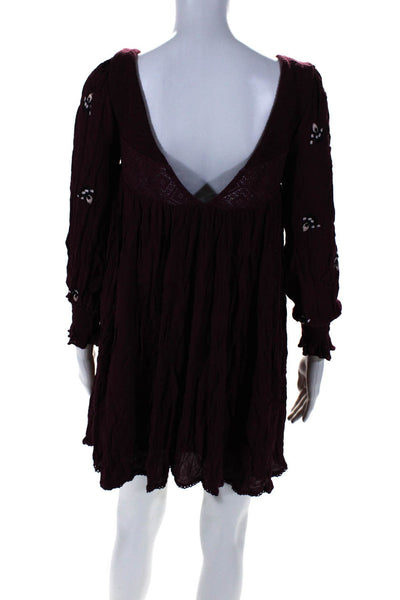 Free People Womens Maroon Floral Embroidered Long Sleeve A-Line Dress Size XS