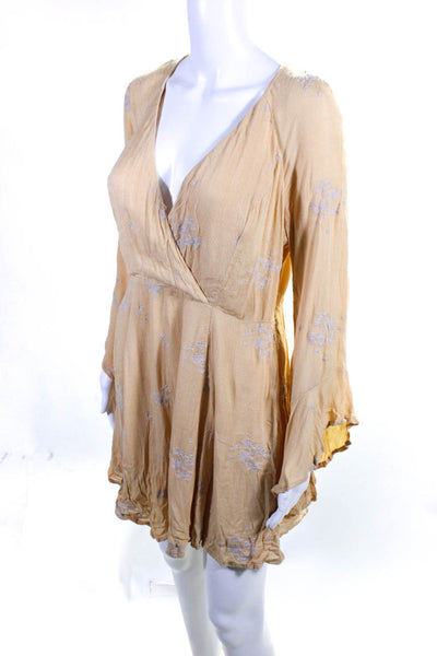 Free People Womens Yellow Floral V-neck Long Sleeve Lined Shift Dress Size 8