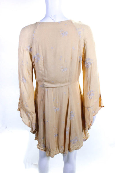 Free People Womens Yellow Floral V-neck Long Sleeve Lined Shift Dress Size 8