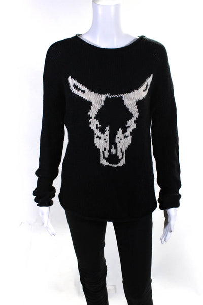 Townsen Womens Tight-Knit Deer Picture Long Sleeve Pullover Sweater Black Size S
