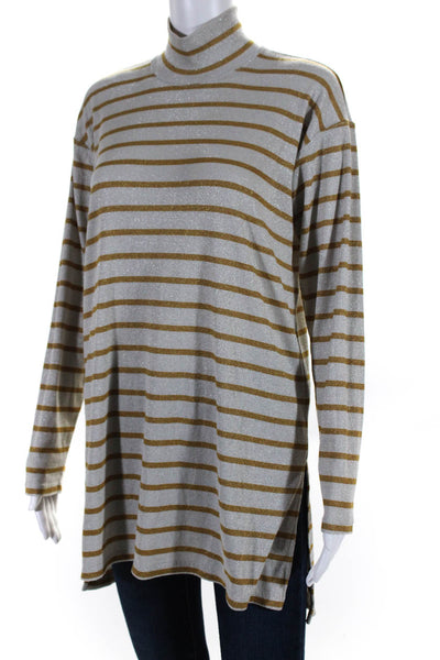 Vanessa Virginia Womens Metallic Striped Mock Neck Sweatshirt Gray Brown Small