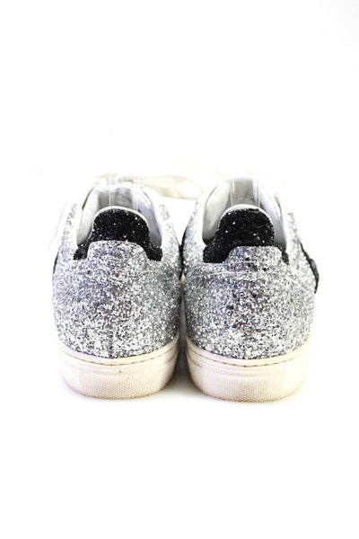 Steve Madden Womens Lace Up Glitter Striped Low Top Sneakers White Silver 40