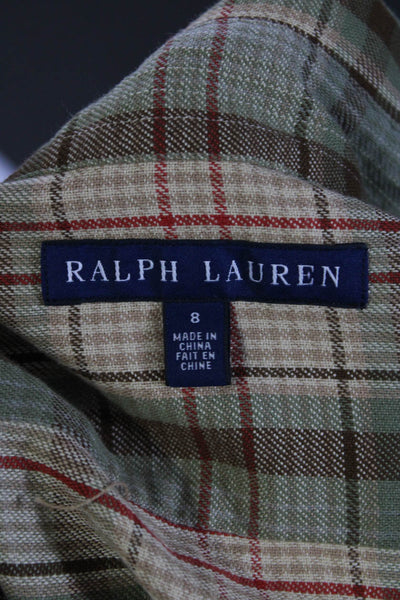 Ralph Lauren Blue Label Womens Plaid Button Down Shirt Green Brown Cotton Size 8