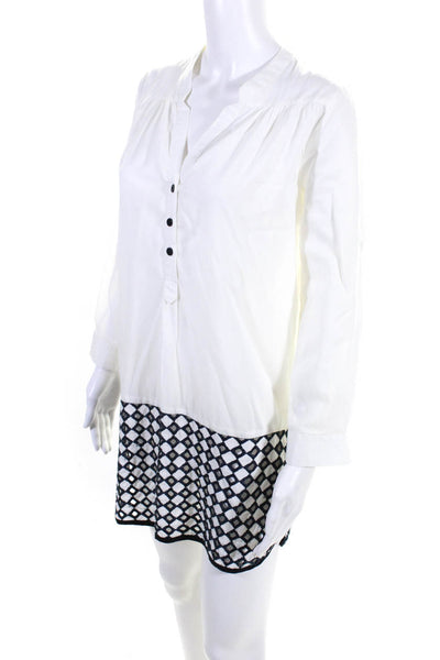 Basta Women's Cotton Long Sleeve V Neck Embroidered Casual Dress White Size M