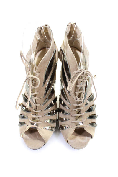 Jimmy Choo Women's Cutout Lace Up Metallic Trim Peep Toe Heels Taupe Size 8.5