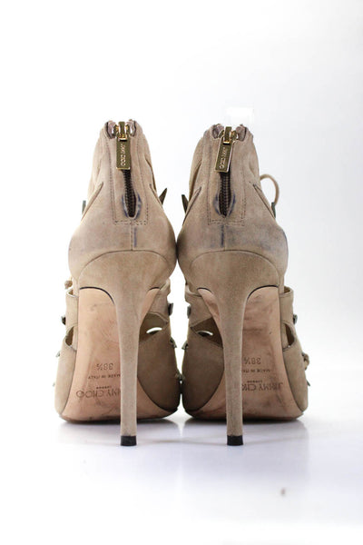 Jimmy Choo Women's Cutout Lace Up Metallic Trim Peep Toe Heels Taupe Size 8.5