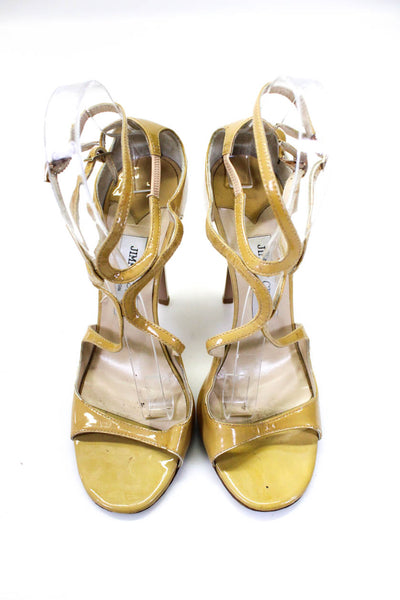 Jimmy Choo Womens Stiletto Strappy Ankle Strap Sandals Brown Patent Leather 38.5