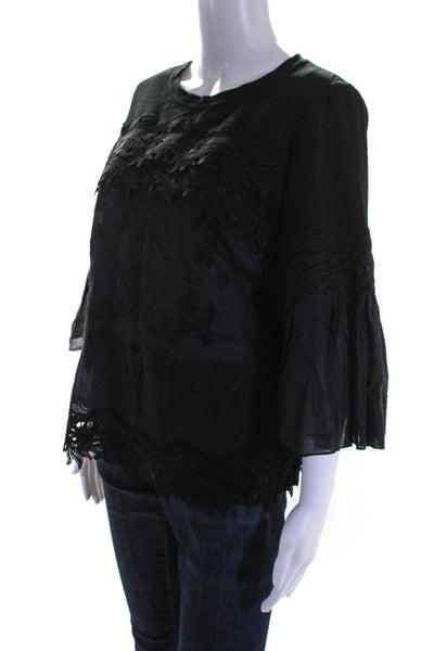 Kobi Halperin Women's Bell Sleeve Embroidered Crewneck Top Black Size M