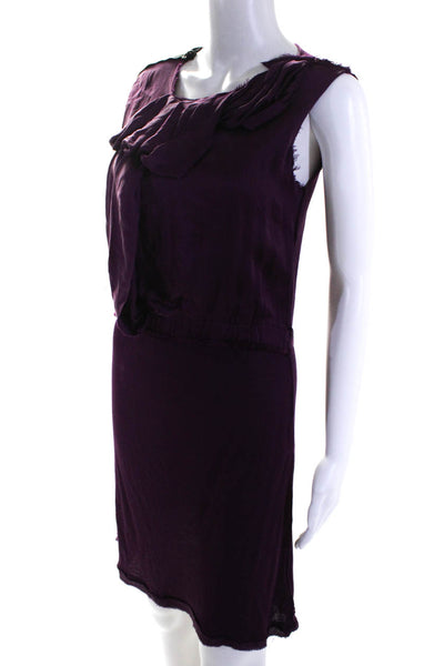 Designer Womens Sleeveless Fringe Satin Ruffled Top Shift Dress Purple Small