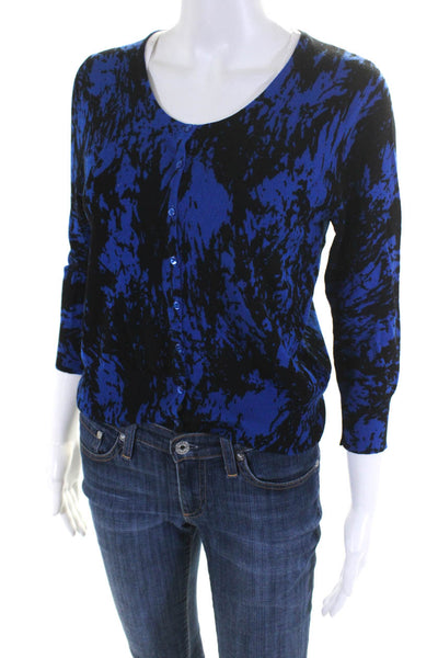 Vivienne Tam Women's Abstract Print Button Down Cardigan Sweater Blue Size M