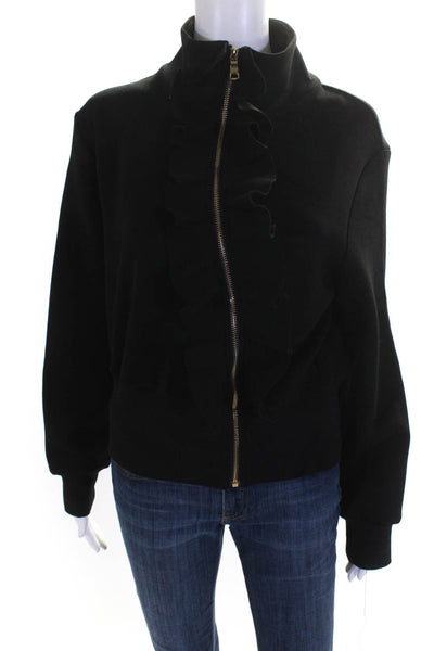 Gracia Womens Mock Neck Ruffled Full Zipper Jacket Black Cotton Size Large