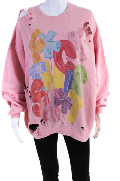 R13 Graphic Balloon Print Distressed Oversize Crew Neck Sweatshirt Pink Size XS