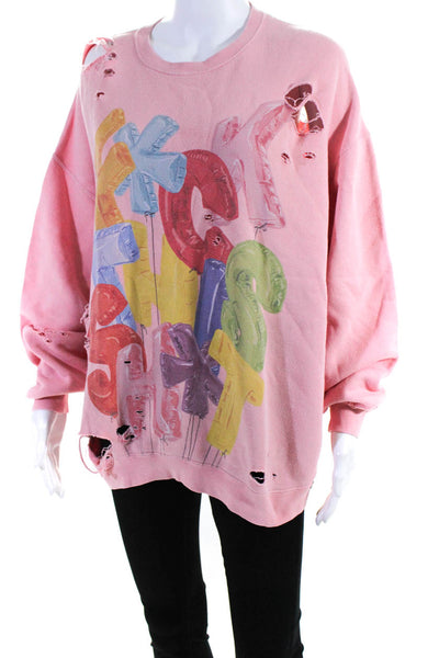 R13 Graphic Balloon Print Distressed Oversize Crew Neck Sweatshirt Pink Size XS