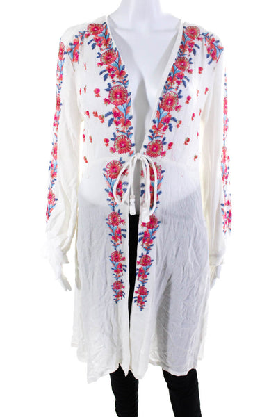 Raga Womens Floral Embroidered Long Sleeve V-Neck Wrap Dress White Pink Size XS
