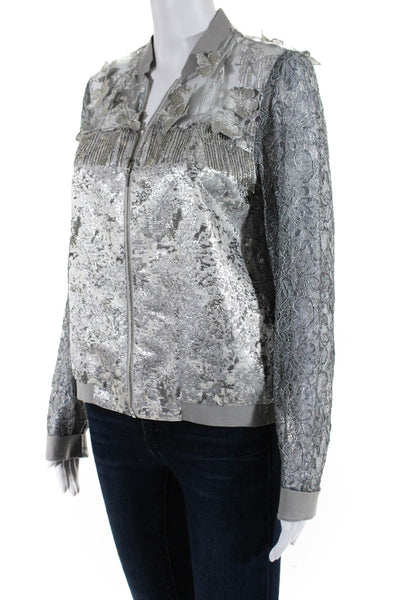 T Tahari Women Floral Battenberg Lace Long Sleeve Zipped Jacket Silver Size M