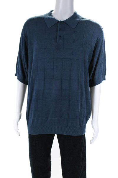 Paul Fredrick Mens Short Sleeve Grid Knit Polo Sweater Blue Silk Size XXL