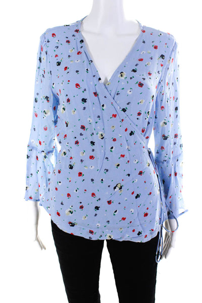 Ganni Womens Chiffon Floral V-Neck Long Sleeve Wrap Top Blouse Blue Size 42