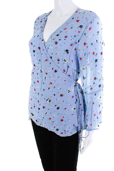 Ganni Womens Chiffon Floral V-Neck Long Sleeve Wrap Top Blouse Blue Size 42