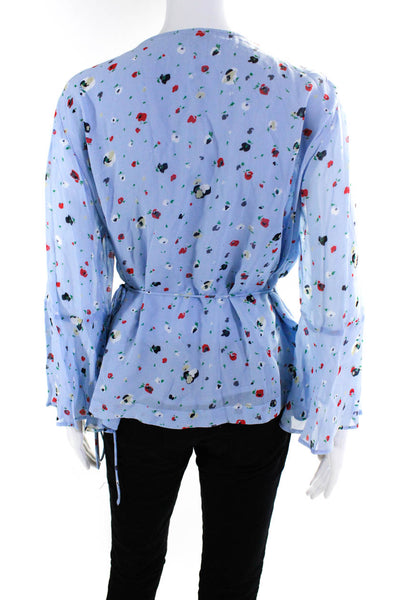 Ganni Womens Chiffon Floral V-Neck Long Sleeve Wrap Top Blouse Blue Size 42